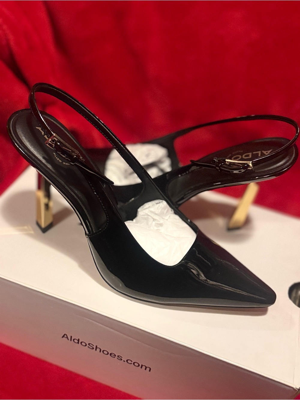 ALDO Black Patent Slingback Heels with Gold Block Heel
